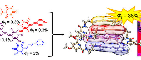 Die Strukturformeln der vier Merocyanin-Farbstoffe (links), die in gestapelter Anordnung (rechts) das neue Lichtsammelsystem URPB ergeben.