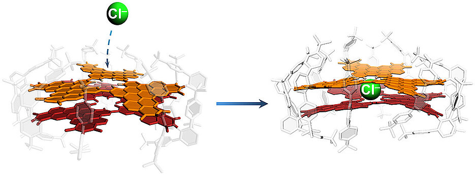 The Würzburg model system consisting of two nanographene layers that can absorb and bind chloride ions (green) through a defect in the crystal lattice. (Image: Kazutaka Shoyama / Universität Würzburg)